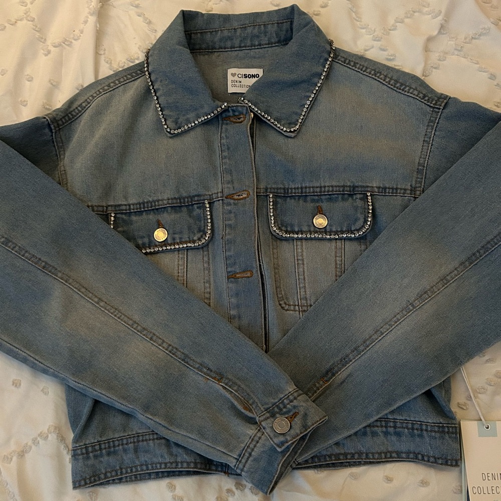 Ci Sono Embellished Blue Jean Jacket